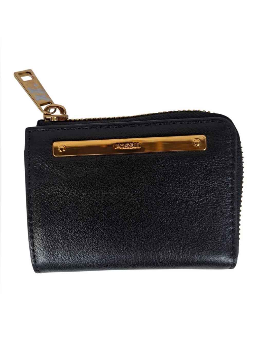 Fossil Black Leather Small Zip Wallet with Gold Hardware